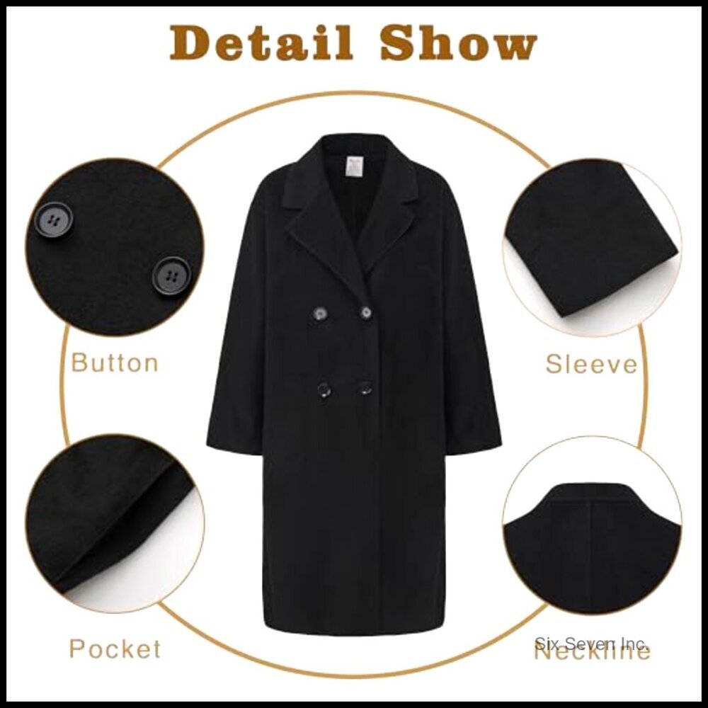 Wool Blend Long Pea Coat Double Breasted Notched Lapel Trench Coat - Picture 4 of 7